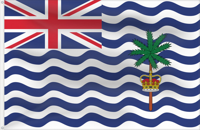 Drapeau, avec deux œillets métalliques et guindant renforcé : Commissioner of the British Indian Ocean Territory	British Indian Ocean Territory	Territoire britannique de l océan Indien	Territorio Británico del Océano Índico	Britisches Territorium im Indischen Ozean	Territorio Britannico dell Oceano Indiano	Bryttisca