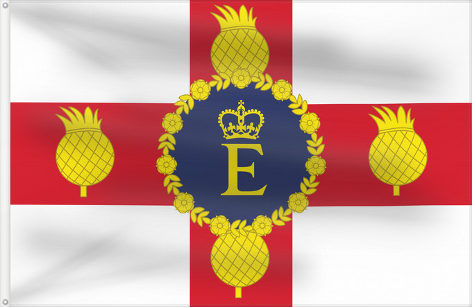 Bandera, con dos ojales metálicos y lado del asta reforzado: Royal Standard of Jamaica  1966–2022	Queen Elizabeth II s personal flag for use in Jamaica	Étendard Royal de Jamaïque (1966–2022)	Estandarte Real de Jamaica (1966–2022)	Königsstandarte von Jamaika (1966–2022)	Stendardo Reale della Giamaica (1966–2022)