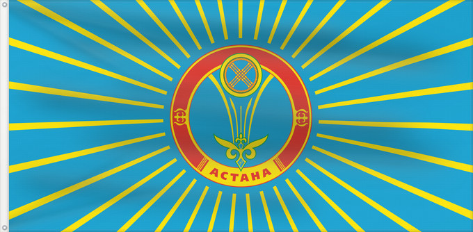 Drapeau, avec deux œillets métalliques et guindant renforcé : Astana, Kazakhstan	The new flag of the city of Astana authorized at extraordinary session of city council of representatives on June	Astana (2008)	Astaná (2008)	Новый флаг города Астана