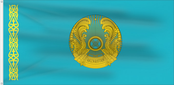 Bandera, con dos ojales metálicos y lado del asta reforzado: President of Kazakhstan	Standard of the President of Kazakhstan	Étendard présidentiel du Kazakhstan	Estandarte presidencial de Kazajistán	Standarte des Präsidenten von Kasachstan	Stendardo presidenziale del Kazakistan	Қазақстан президентінің байрағы	Штанд