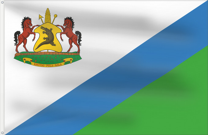 Drapeau, avec deux œillets métalliques et guindant renforcé : Royal Standard of Lesotho  1987–2006	Royal Standard of Lesotho between 1987 - 2006	Étendard Royal du Lesotho (1987–2006)	Estandarte Real de Lesoto (1987–2006)	Königsstandarte von Lesotho (1987–2006)	Stendardo Reale del Lesotho (1987–2006)