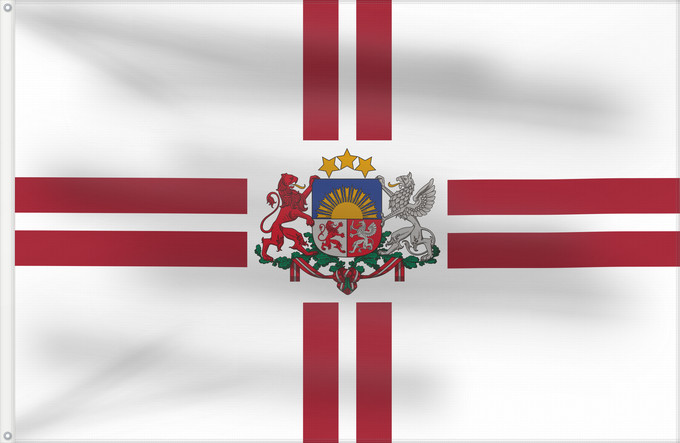 Flagge, mit zwei Metallösen und verstärktem Besatzband: President of Latvia	Presidential Standard of Latvia	Étendard présidentiel de Lettonie	Estandarte Presidencial de Letonia	Standarte des Präsidenten von Lettland	Stendardo presidenziale della Lettonia