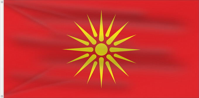 Flagge, mit zwei Metallösen und verstärktem Besatzband: Macedonia  1992–1995	Macedonia, 1992–1995	Macédoine (1992–1995)	República de Macedonia  1992-95	Mazedonien (1992–1995)	Macedonia (1992–1995)	Знаме на Република Македонија  1992–1995	Прапор Республіки Македонія