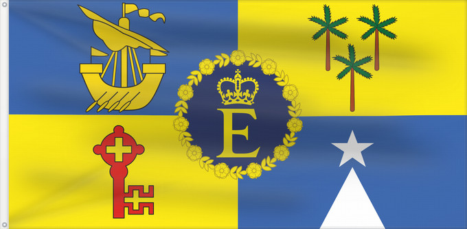Bandera, con dos ojales metálicos y lado del asta reforzado: Royal Standard of Mauritius  1972–1992	Queen Elizabeth II s personal flag for Mauritius	Étendard royal de Maurice (1972–1992)	Estandarte Real de Mauricio (1972–1992)	Königsstandarte von Mauritius (1972–1992)	Stendardo Reale di Mauritius (1972–1992)