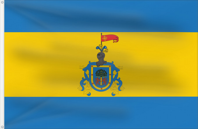 Bandera, con dos ojales metálicos y lado del asta reforzado: Jalisco New Galicia	Jalisco State  New Galicia	Jalisco (Nouvelle-Galicie)	Jalisco (Nueva Galicia)	Jalisco (Neugalizien)	Jalisco (Nuova Galizia)