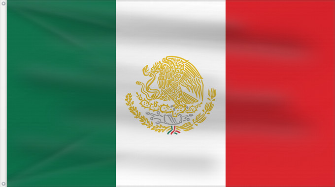 Flag, with two metal eyelets and reinforced hoist: Mexico with Golden and Silver Arms Variant of the Mexican flag with golden coat of arms Variante du drapeau du Mexique avec les armes de couleur or Variante de la bandera de México con el escudo coloreado en oro Variante der Flagge Mexikos mit goldenen Wa