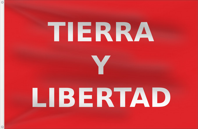 Drapeau, avec deux œillets métalliques et guindant renforcé : Partido Liberal Mexicano Roja con el lema Tierra y Libertad en letras blancas usada por los guerrilleros del Partido Liberal Mexicano durante la Revolución Mexicana