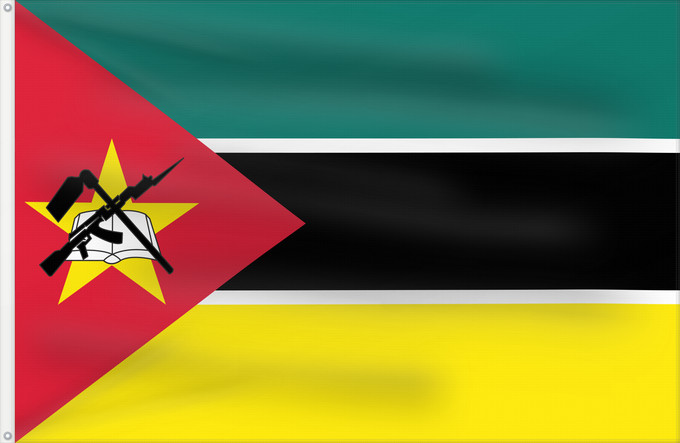 Bandera, con dos ojales metálicos y lado del asta reforzado: Mozambique	Mosambik	Mozambico	Moçambique	علم موزمبيق	Mozambiko	Mozambikas Republikas	Sainan i Maozambika	Флаг Мозамбика	Mozambika	Musaanbiiq	Moçambiques	Msumbiji