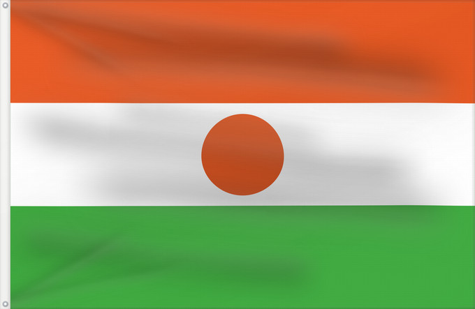 Flagge, mit zwei Metallösen und verstärktem Besatzband: Niger  3-2	Niger  3 2	Niger (3:2)	Níger (3:2)	Niĝero  3 2	Nigra  3 2