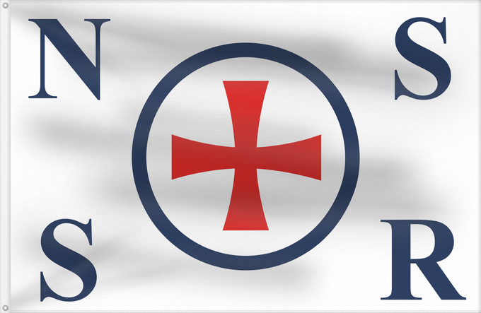 Flag, with two metal eyelets and reinforced hoist: Norwegian Society for Sea Rescue Société norvégienne de sauvetage en mer Sociedad Noruega de Salvamento Marítimo Norwegische Gesellschaft zur Rettung Schiffbrüchiger Società norvegese di soccorso marittimo Norsk Selskab til Skibbrudnes Rednings Rederiflag
