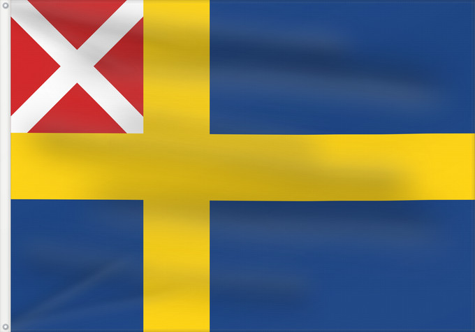Drapeau, avec deux œillets métalliques et guindant renforcé : Swedish and Norwegian merchant flag 1818-1844	Sveriges och Norges handelsflagga 1818-1844