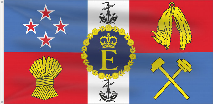 Bandiera, con due occhielli metallici e lato dell'asta rinforzato: Royal Standard of New Zealand  1962–2022	Queen Elizabeth II s personal flag for New Zealand	Étendard royal de Nouvelle-Zélande (1962–2022)	Estandarte Real de Nueva Zelanda (1962–2022)	Königsstandarte von Neuseeland (1962–2022)	Stendardo Reale della Nuova 