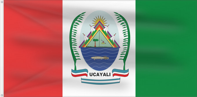 Bandera, con dos ojales metálicos y lado del asta reforzado: Ucayali Réplica de la bandera con el escudo región Ucayali según el Atlas de la Región Ucayali noviembre de 2009