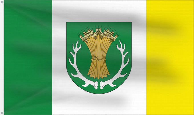Bandera, con dos ojales metálicos y lado del asta reforzado: POL gmina Ruja Ruja Commune Gemeinde Ruja Gminy Ruja
