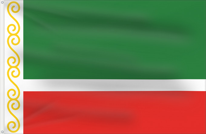 Drapeau, avec deux œillets métalliques et guindant renforcé : Chechen Republic	Chechenia	Tschetschenische	Cecenia	Байракх Нохчийн Республикан	Флаг Чеченской Республики	Парчами Ҷумҳурии Чеченистон	Стяг Чеченської Республіки Російської Федерації