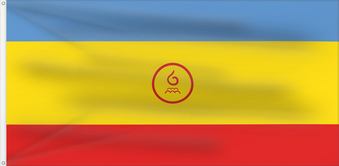 Drapeau, avec deux œillets métalliques et guindant renforcé : Kalmykia  1992	Kalmykia (1992)	Kalmoukie (1992)	Kalmikia (1992)	Kalmückien (1992)	Calmucchia (1992)	Флаг Республики Калмыкия	Туг Хальмг Таңһч