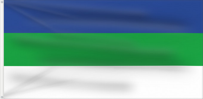 Flagge, mit zwei Metallösen und verstärktem Besatzband: Komi 1991	State Flag of the Komi Republic 1991-1997, Russia	République de Komi (1991-1997)	República de Komi (1991-1997)	Republik Komi (1991-1997)	Repubblica di Komi (1991-1997)	Коми Республикаса дöрапас 1991-1997	Государственный флаг Республики Коми 1991