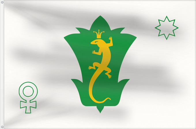 Drapeau, avec deux œillets métalliques et guindant renforcé : Polevskoy	Polevskoy  Sverdlovsk oblast  town flag  from left to right  the Venus symbol  ♀	Полевской  Свердловская область