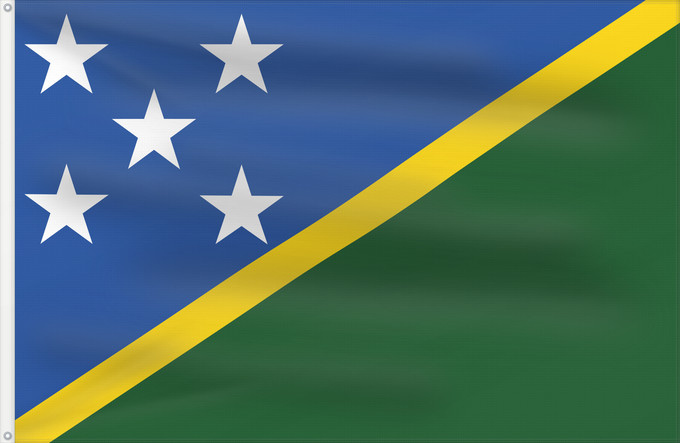 Flag, with two metal eyelets and reinforced hoist: Solomon Islands	îles Salomon	Islas Salomón	Salomonen	Isole Salomone	Salomonseilanden	Ynysoedd Solomon	Oileán Sholamón	Brattagh ny h-Ellanyn Holomon	Ynysow Salamon	The Solomon Islands	Salomonovih otokih