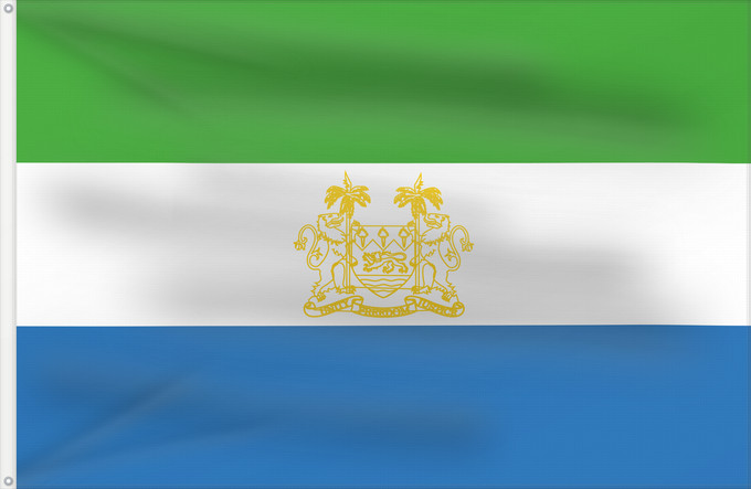 Bandera, con dos ojales metálicos y lado del asta reforzado: Standard of Ambassadors of Sierra Leone	Étendard des ambassadeurs de Sierra Leone	Estandarte de Embajadores de Sierra Leona	Standarte der Botschafter von Sierra Leone	Stendardo degli ambasciatori della Sierra Leone	Standard of ambassadors of Sierra Leone