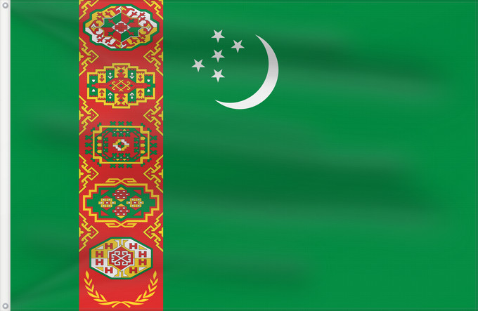 Bandera, con dos ojales metálicos y lado del asta reforzado: Turkmenistan	Turkmenistan !Turkménistan	Turkmenistán