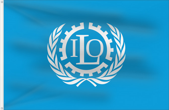 Drapeau, avec deux œillets métalliques et guindant renforcé : ILO	International Labour Organization	Organisation internationale du travail	Internationale Arbeitsorganisation	Dell Organizzazione Internazionale del Lavoro