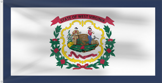 Flagge, mit zwei Metallösen und verstärktem Besatzband: West Virginia Virginie-Occidentale Virginia Occidental Virginia Occidentale ᏫᏍᎧᏂᏏᏂ ᎦᏓᏘ Wilikinia Komohana Virginia Occidentalis Eʼeʼaahjí Bijiniyah Hahoodzo bidah naatʼaʼí Wescht Wirschini Флаг Западной Виргинии Застава Западне Вирџиније