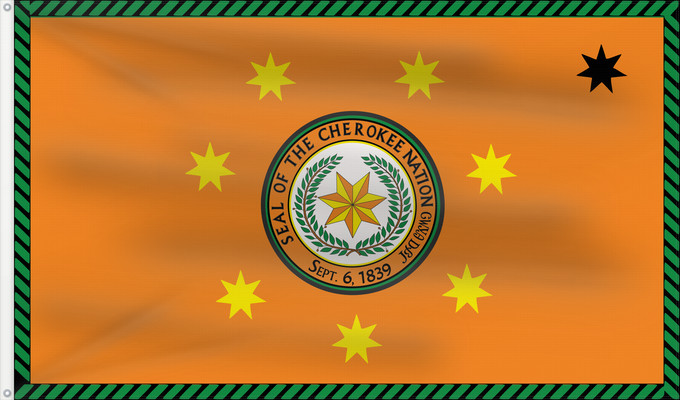 Flag, with two metal eyelets and reinforced hoist: Cherokee Nation	Nation Cherokee	Nación Cherokee	Cherokee-Nation	Nazione Cherokee	ᏣᎳᎩ ᎠᏰᎵ ᎦᏓᏘ	Indiánskeho národa Čerokí