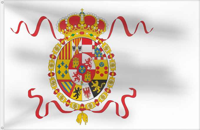 Bandera, con dos ojales metálicos y lado del asta reforzado: Spain  1760–1785	Ensign of the Spanish Navy during the first part of the reign of Carlos III	Espagne - Pavillon de la Marine (1760-1785)	Pabellón de la Armada de España durante la primera parte del reinado de Carlos III	Spanien - Seekriegsflagge (1760-178