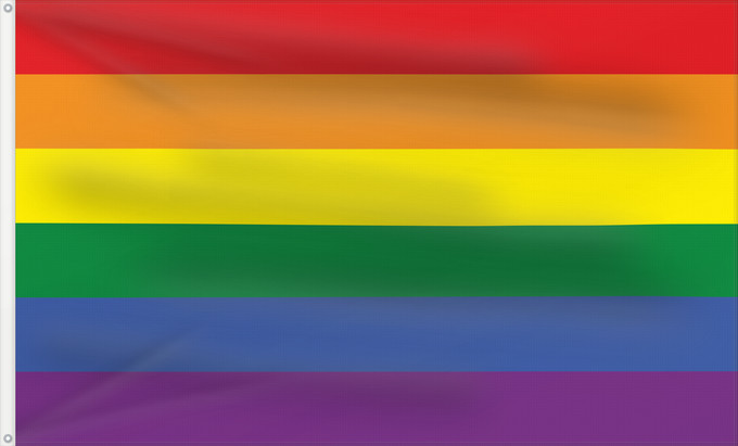 Drapeau, avec deux œillets métalliques et guindant renforcé : Gay Pride	Rainbow flag. Symbol of gay pride	Arc-en-ciel. Symbole homosexuel	Arcoíris. Símbolo de orgullo homosexual	Die Regenbogenfahne	Arcobaleno. Simbolo dell orgoglio omosessuale	Regenboogvlag. Symbool van de homobeweging	Tęczowa flaga	علم قوس قزح	Sate