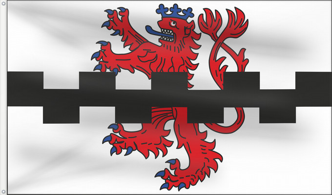 Drapeau, avec deux œillets métalliques et guindant renforcé : Leverkusen	City of Leverkusen	Ville de Leverkusen	Stadt Leverkusen Beschreibung des Wappens  Die Stadt führt als Wappen einen zwiegeschwänzten blaugekrönten