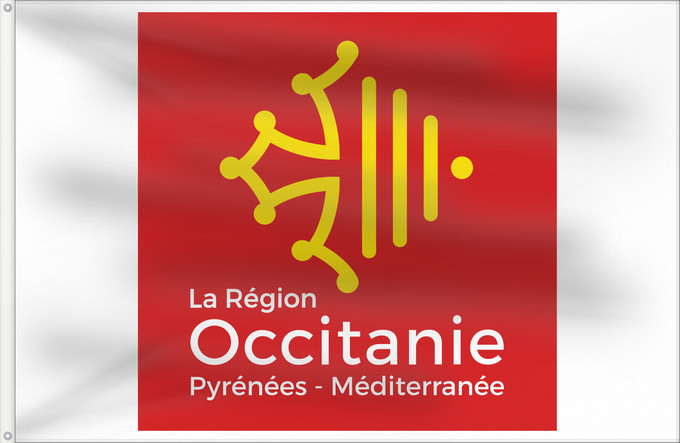 Drapeau, avec deux œillets métalliques et guindant renforcé : Région Occitanie	Region administrativa francesa d Occitània