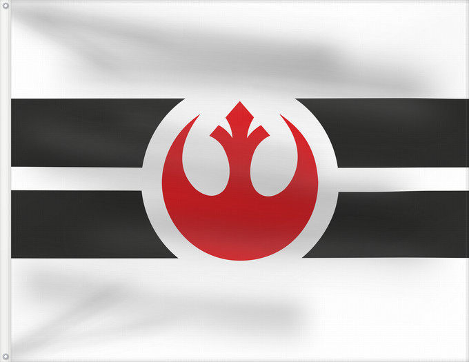Bandera, con dos ojales metálicos y lado del asta reforzado: Rebel Alliance Alliance to Restore the Republic a Alliance rebelle Alianza Rebelde Rebellenallianz Alleanza Ribelle