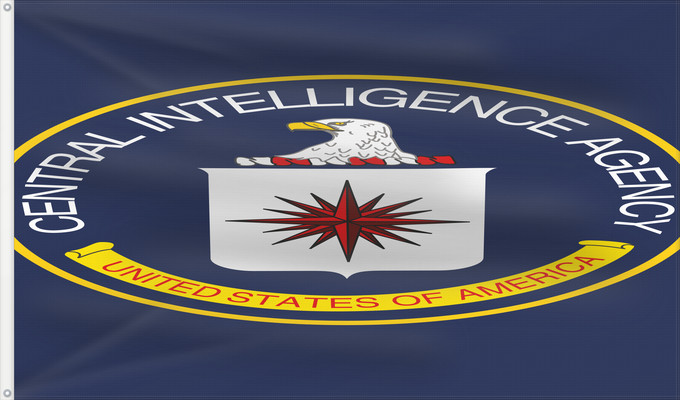 Bandera, con dos ojales metálicos y lado del asta reforzado: U.S. Central Intelligence Agency United States Central Intelligence Agency Agence centrale de renseignement des États-Unis Agencia Central de Inteligencia de EE. UU. Central Intelligence Agency Agenzia centrale di intelligence degli Stati Uniti