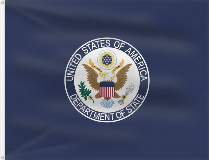 Drapeau, avec deux œillets métalliques et guindant renforcé : United States Department of State	Département d'État des États-Unis	Departamento de Estado de los Estados Unidos	Außenministerium der Vereinigten Staaten	Dipartimento di Stato degli Stati Uniti