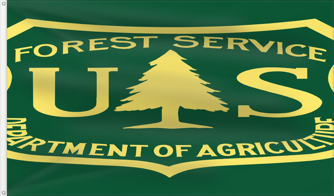 Bandera, con dos ojales metálicos y lado del asta reforzado: United States Forest Service USFS Service forestier des États-Unis Servicio Forestal de los Estados Unidos Servizio Forestale degli Stati Uniti