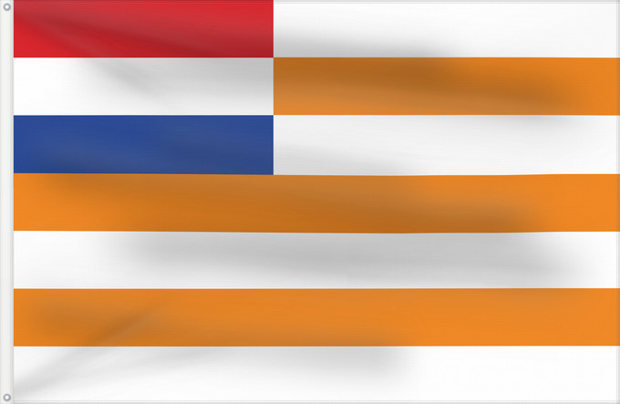 Bandera, con dos ojales metálicos y lado del asta reforzado: Orange Free State	État libre d'Orange	Estado Libre de Orange	Oranje-Vrystaat	Stato Libero d'Orange	Die Oranje-Vrystaat