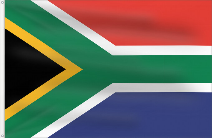 Bandiera, con due occhielli metallici e lato dell'asta rinforzato: South Africa Afrique du Sud Sudáfrica Südafrika Sudafrica South África Used color National flag | South African Government and Pantone Color Picker green rendered as RGB 000 119 073Pantone 3415 C yellow rendered as RGB 255 184 028Pantone 1235 C