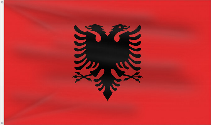 Flag, with two metal eyelets and reinforced hoist: Albania	L Albanie	Albanien	Dell Albania	علم ألبانيا	Albanije	Σημαία της Αλβανίας	Albanio	Albanian	Drapél de l’Albanie	Albánia	Ala Albanyayê	Albaniae	Albanesche Fändel	Знаме на Албанија	Albaniei	Флаг Албании	S Albania	Bannera di Albanìa	Albánska	I Shqipëri