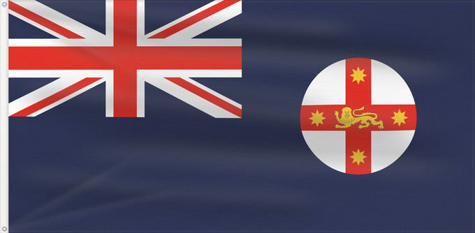 Bandera, con dos ojales metálicos y lado del asta reforzado: New South Wales And government ensign internal waters only of New South Wales Nouvelle-Galles du Sud Nueva Gales del Sur New South Wale Nuovo Galles del Sud
