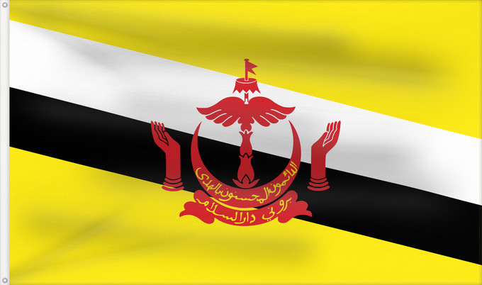 Drapeau, avec deux œillets métalliques et guindant renforcé : Brunei	Brunei Darussalam	Brunéi	علم بروناي	Bruneis	Brunein	브루나이의 국기	Bruney	Brunei / بنديرا بروني	ဘရူနိုင်းနိုင်ငံ၏ အလံတော်	Флаг Брунея	Bruneja	புரூணை கொடி	ธงชาติบรูไนดารุสซาลาม	Watawat Brunay	Cờ Brunei	​文莱国旗