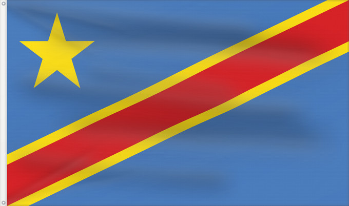 Bandera, con dos ojales metálicos y lado del asta reforzado: Democratic Republic of the Congo	The national flag of the Democratic Republic of the Congo	La République démocratique du Congo	Rep. Dem. del Congo	Demokratischen Republik Kongo	Repubblica Democratica del Congo	Democratische Republiek Congo	علم جمهورية الك