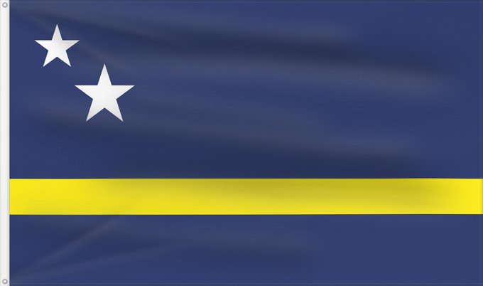 Drapeau, avec deux œillets métalliques et guindant renforcé : Curaçao	Curazao	Curacao	Curaçao is a blue field with a horizontal yellow stripe slightly below the midline and two white