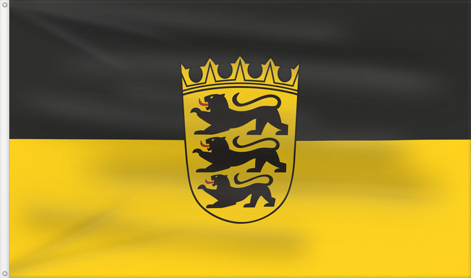Bandera, con dos ojales metálicos y lado del asta reforzado: Baden-Württemberg state, lesser arms State flag with lesser arms of Baden-Württemberg Bade-Wurtemberg Baden-Wurtemberg[ Landesdienstflagge Baden-Württembergs mit kleinem Landeswappen Baden-Württemberg