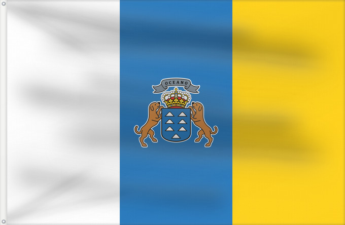 Bandera, con dos ojales metálicos y lado del asta reforzado: Canary Islands Communauté autonome des îles Canaries Espagne Comunidad Autónoma de Canarias España Kanarischen Inseln Isole Canarie カナリア諸島自治州の州旗。