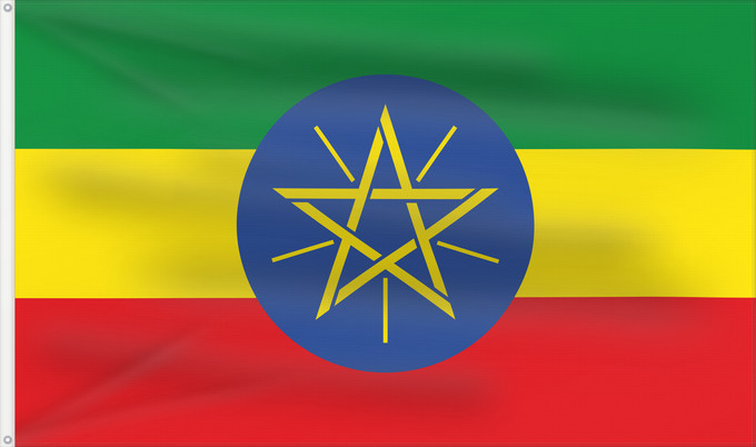 Flag, with two metal eyelets and reinforced hoist: Ethiopia	Éthiopie	Etiopía	Äthiopien	Dell Etiopia	የኢትዮጵያ ሰንደቅ ዓላማ	Etiopie	Σημαία της Αιθιοπίας	Alaabaa Itoophiyaa	Itoobiya	Etiopiens