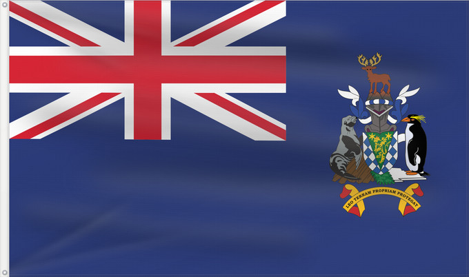 Drapeau, avec deux œillets métalliques et guindant renforcé : South Georgia and the South Sandwich Islands	Géorgie du Sud-et-les Îles Sandwich du Sud	Islas Georgias del Sur y Sandwich del Sur	Südgeorgien und die Südlichen Sandwichinseln	Georgia del Sud e isole Sandwich del Sud