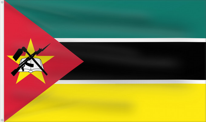Bandera, con dos ojales metálicos y lado del asta reforzado: Mozambique	Mosambik	Mozambico	Moçambique	علم موزمبيق	Mozambiko	Mozambikas Republikas	Sainan i Maozambika	Флаг Мозамбика	Mozambika	Musaanbiiq	Moçambiques	Msumbiji