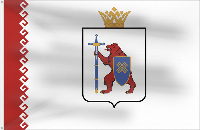 Bandiera, con due occhielli metallici e lato dell'asta rinforzato: Mari El	République des Maris ou Mari El 	Mari-El (o Cheremia) 	Republik Mari El	Mari El Repubblica	Мари Эл ялавĕ	Марий Элын тистыже	Государственный флаг Республики Марий Эл