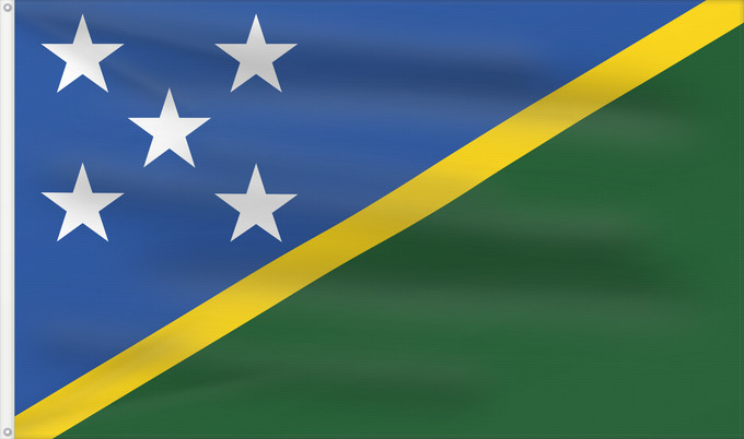 Bandera, con dos ojales metálicos y lado del asta reforzado: Solomon Islands	îles Salomon	Islas Salomón	Salomonen	Isole Salomone	Salomonseilanden	Ynysoedd Solomon	Oileán Sholamón	Brattagh ny h-Ellanyn Holomon	Ynysow Salamon	The Solomon Islands	Salomonovih otokih